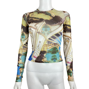 Miaou Sheer Multicolor Paloma Elsesser Baroque Long Sleeve Tee Size XS NWT