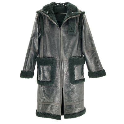 Helmut Lang Green Patent Shearling Coat Size XS