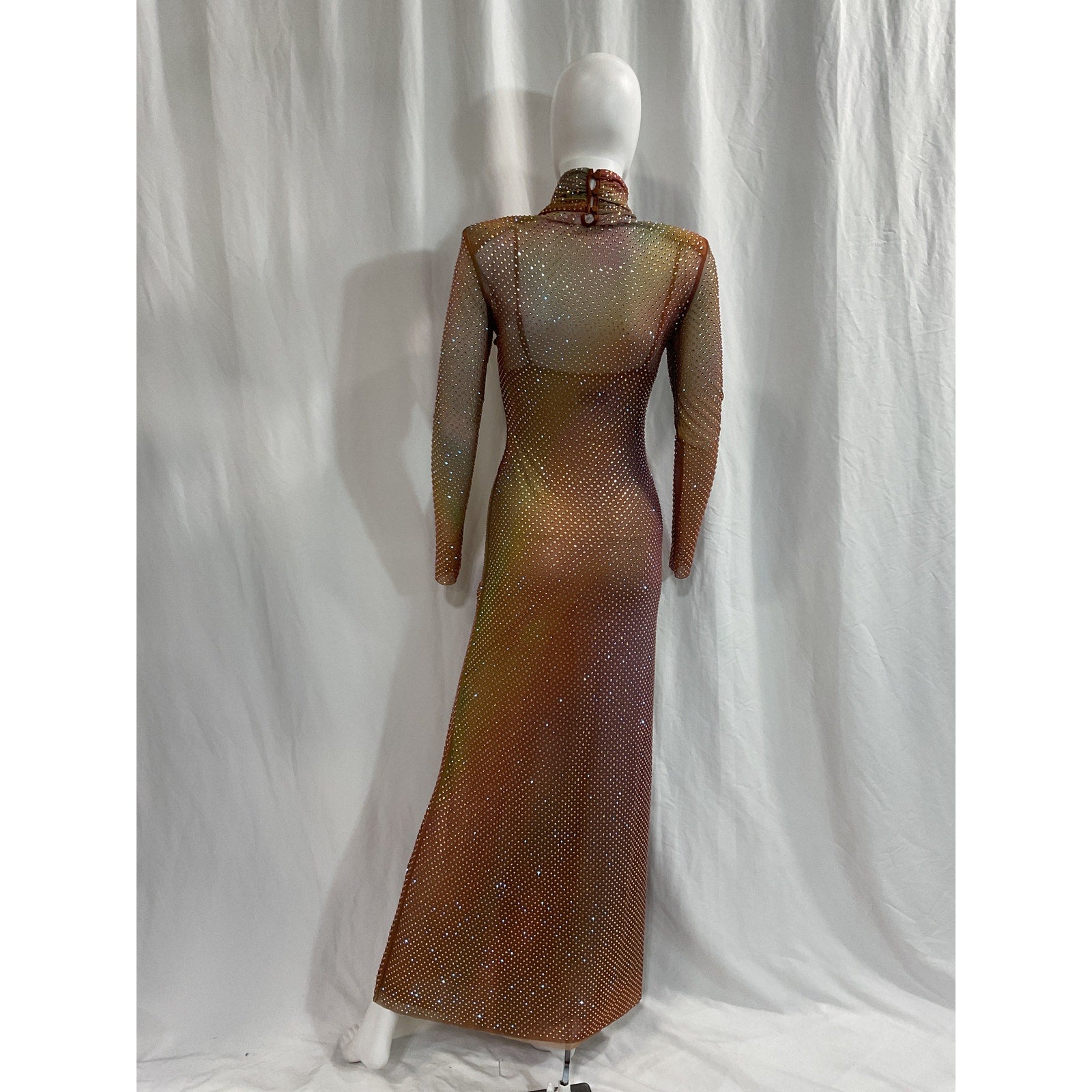 Self-Portrait Printed Pink Rhinestone & Crystals Mockneck Maxi Dress Size 4