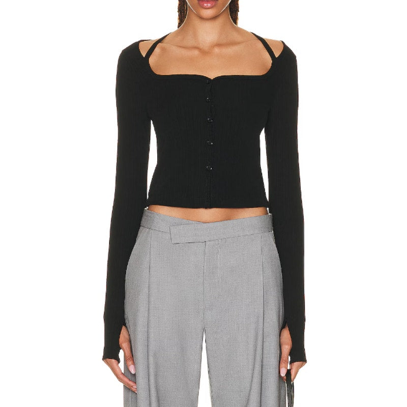 Helmut Lang Square Neck Black Long Sleeve Cardigan Size S