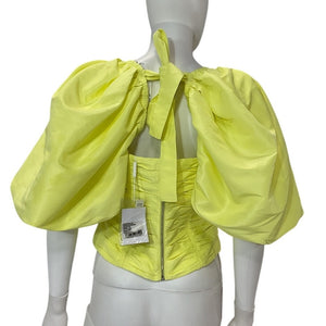 Self Portrait Structured Pastel Lime Taffeta Oversized Sleeve Blouse Size 6 NWT