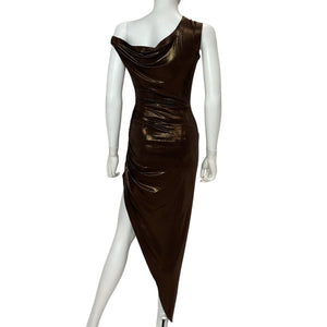 Norma Kamali Asymmetric Chocolate Drop Shoulder Side Drape Gown Size XS