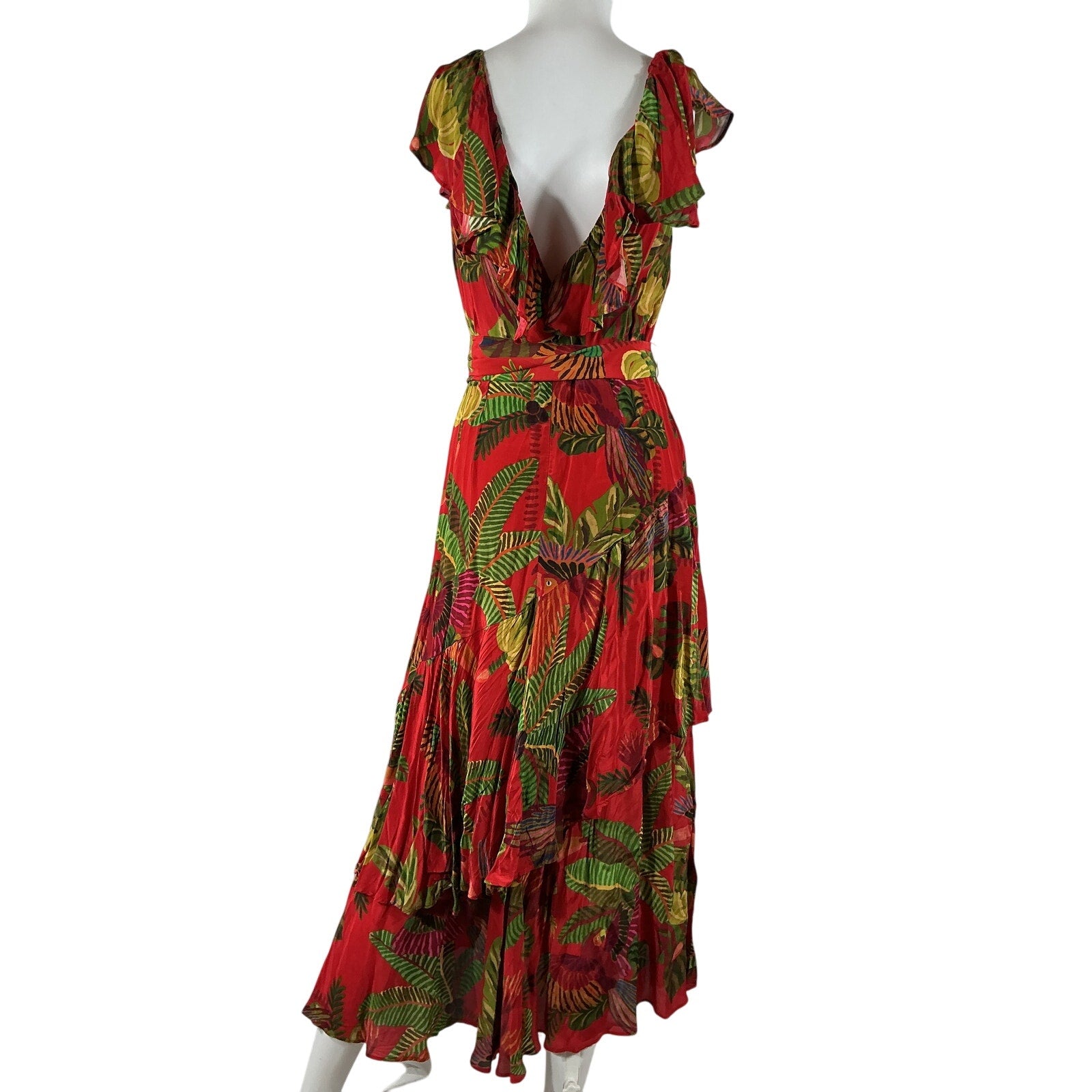 Farm Rio Forest Birds Red Belted Midi Dress Size XS