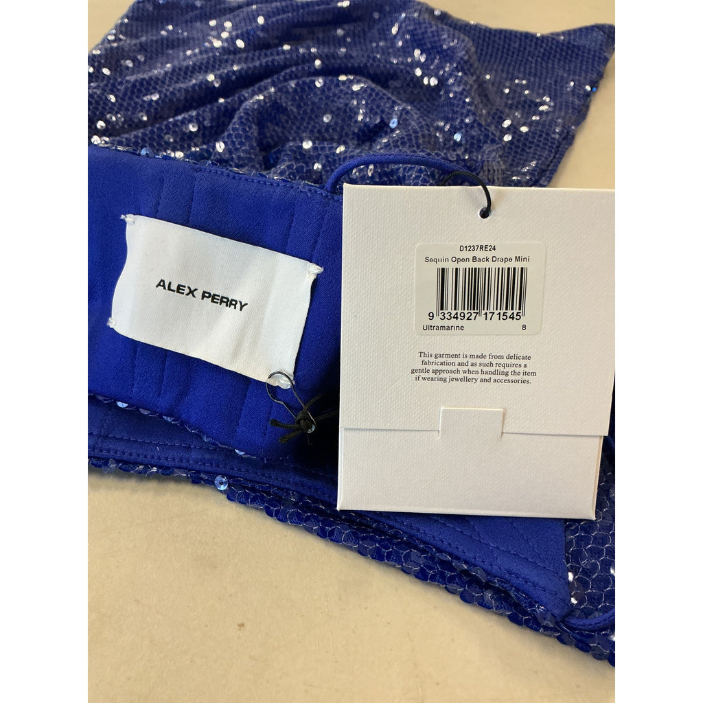 Alex Perry 'Sequin' Blue Open Back Drape Cut Out Sequin Mini Dress Size 4 - NWT