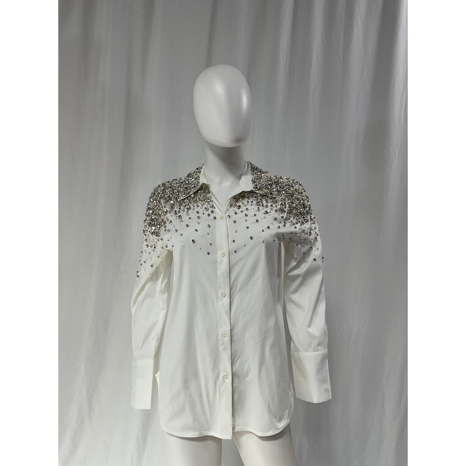 Alice + Olivia 'Finely Emb' White Button Down Long Sleeve Blouse Top Collar Shirt Size XS