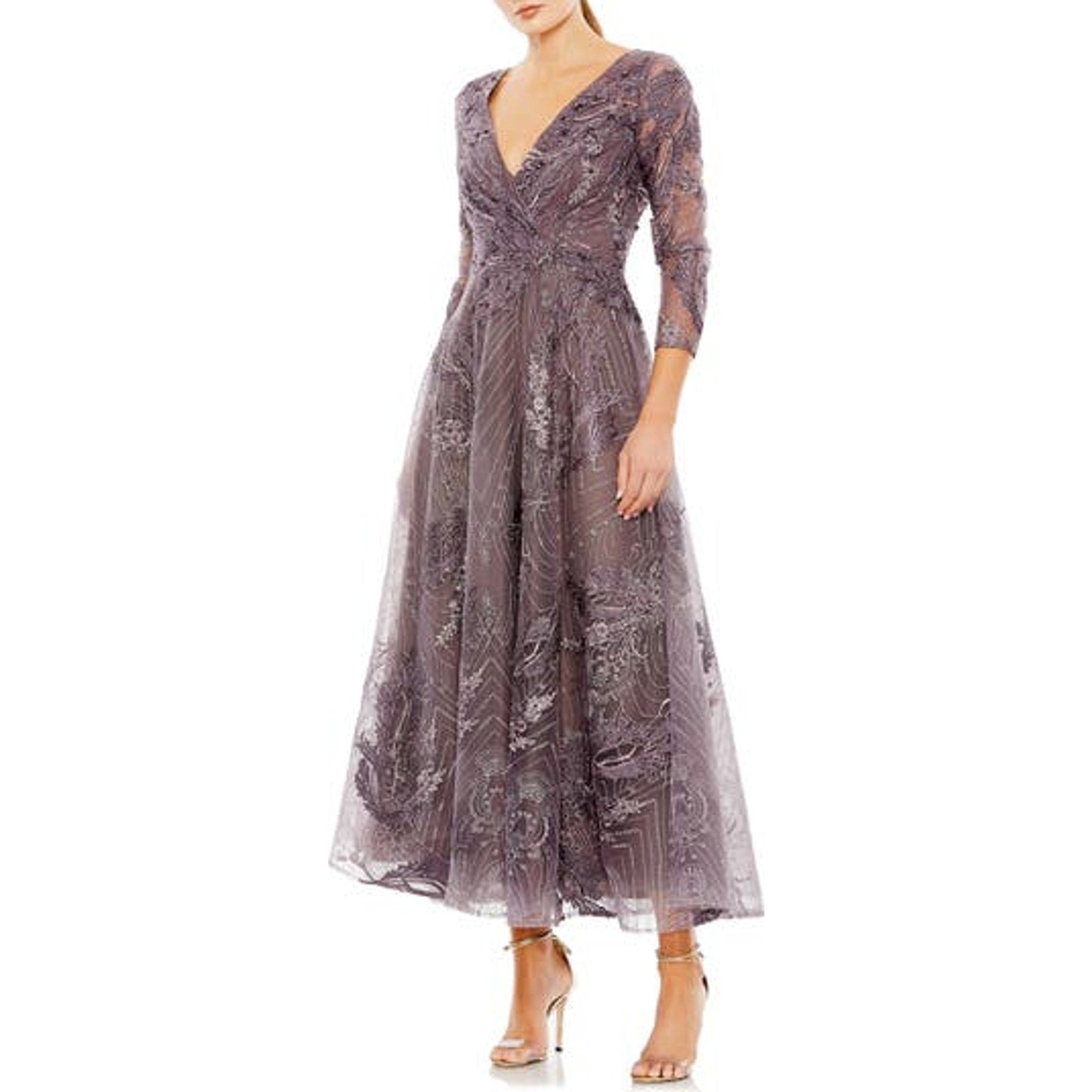 Mac Duggal Beaded Floral Grey Polyester A-Line Cocktail Dress Size 14