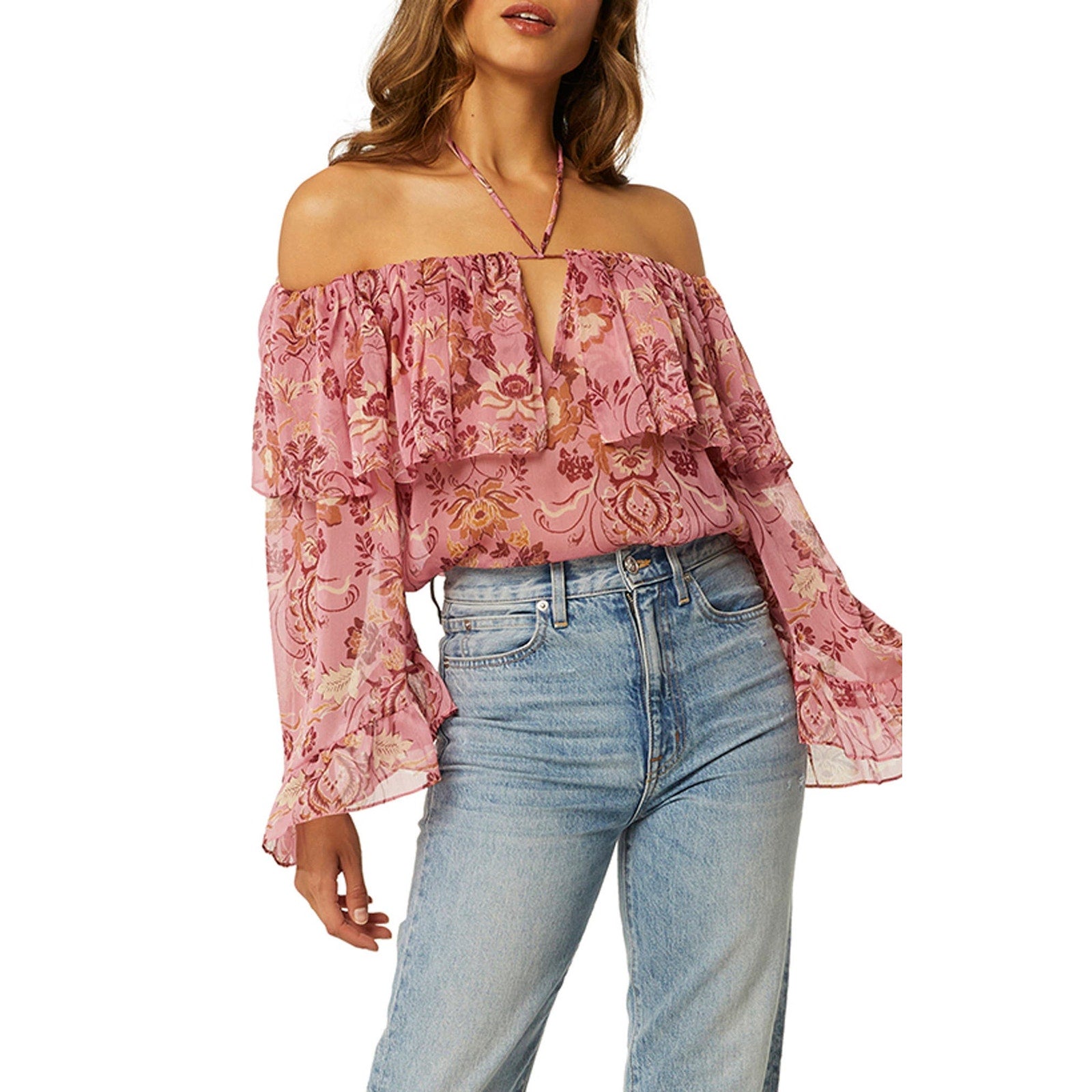 Misa Los Angeles 'Soraya' Pink Polyester Semisheer Off The Shoulder Blouse Size S