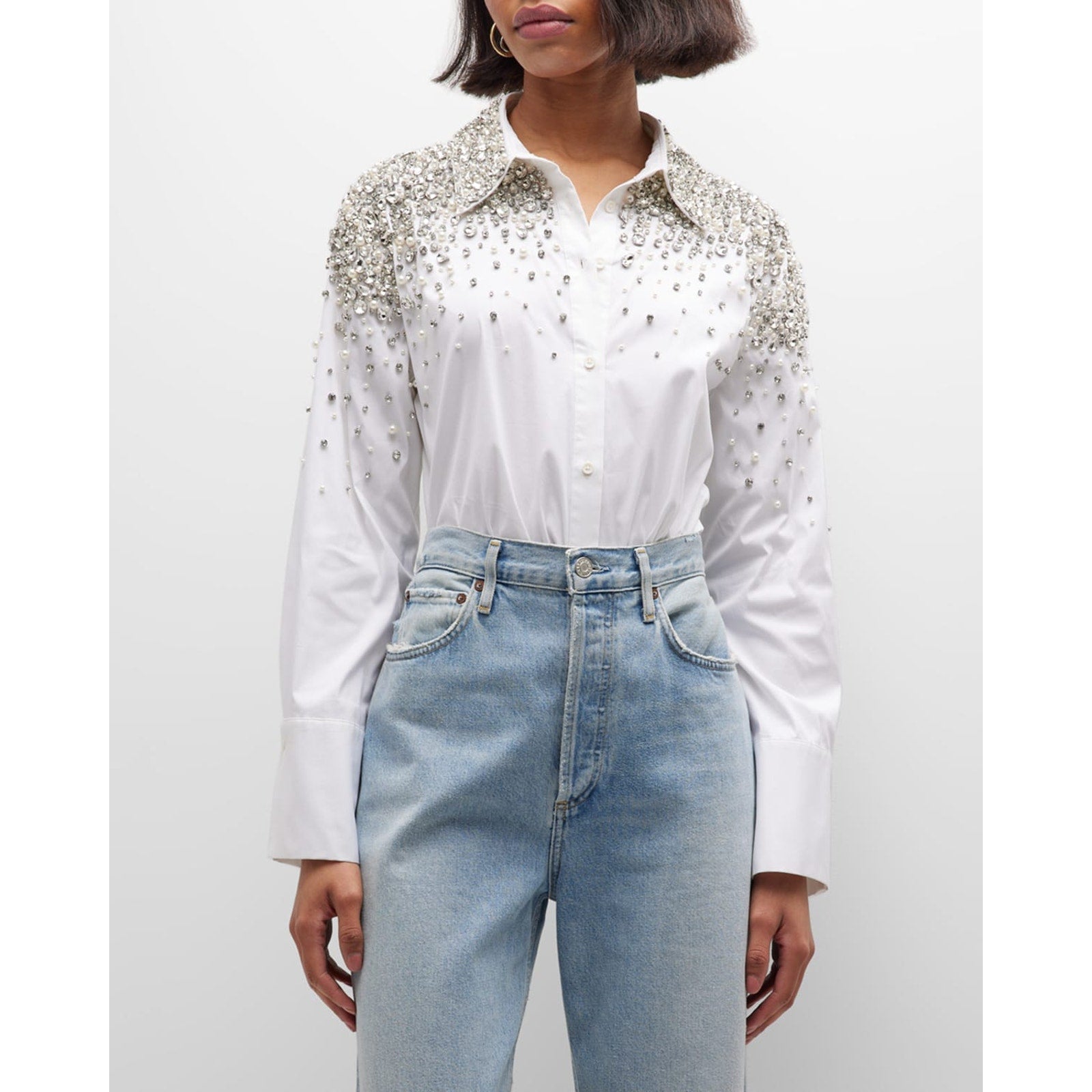 Alice + Olivia 'Finely Emb' White Button Down Long Sleeve Blouse Top Collar Shirt Size XS