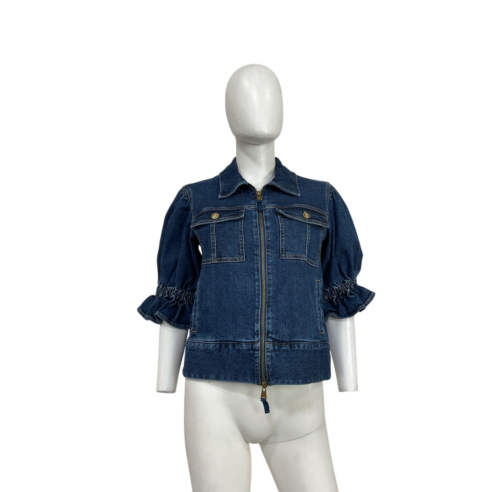 Cinq A Sept 'Holly' Blue Cotton Puff-Sleeve Denim Jacket Size S