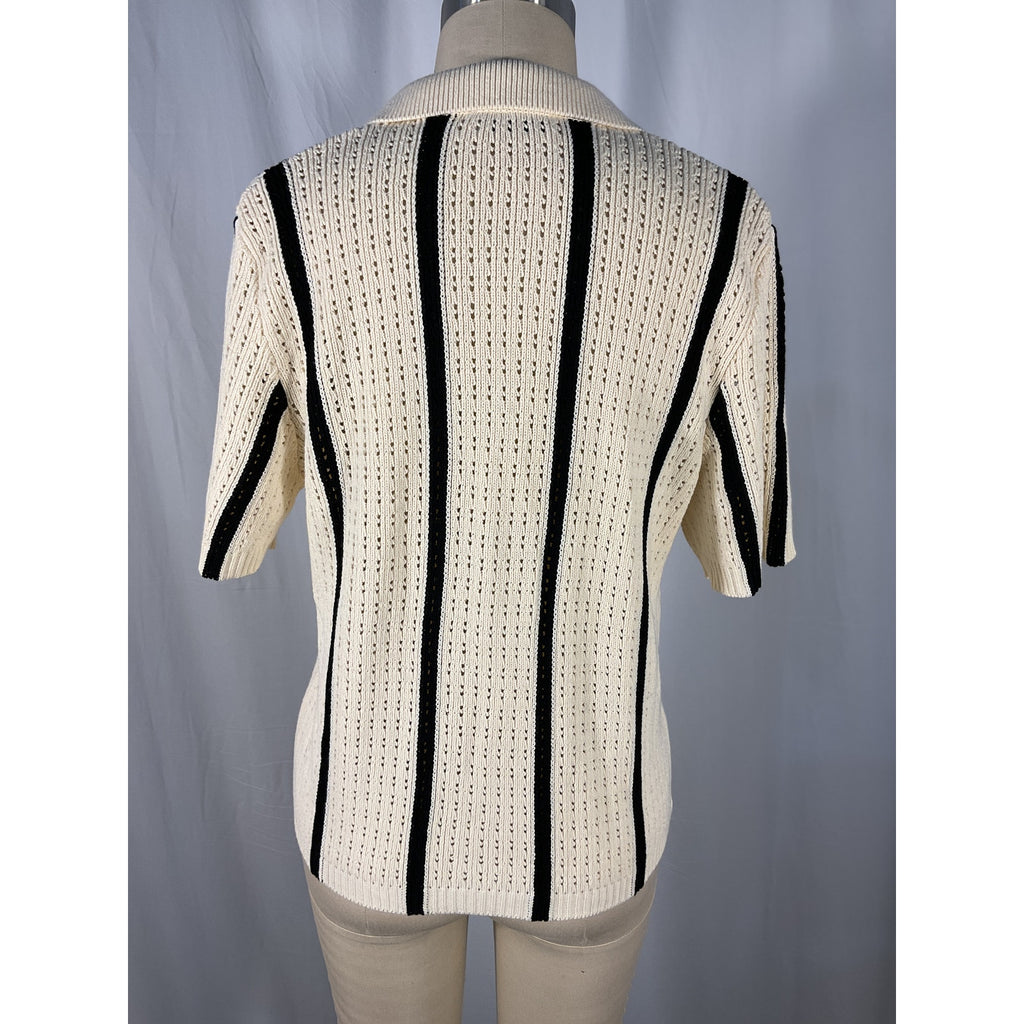 Anine Bing 'Alexis' White Striped Pointelle-Knit Cotton-Blend Top Size L