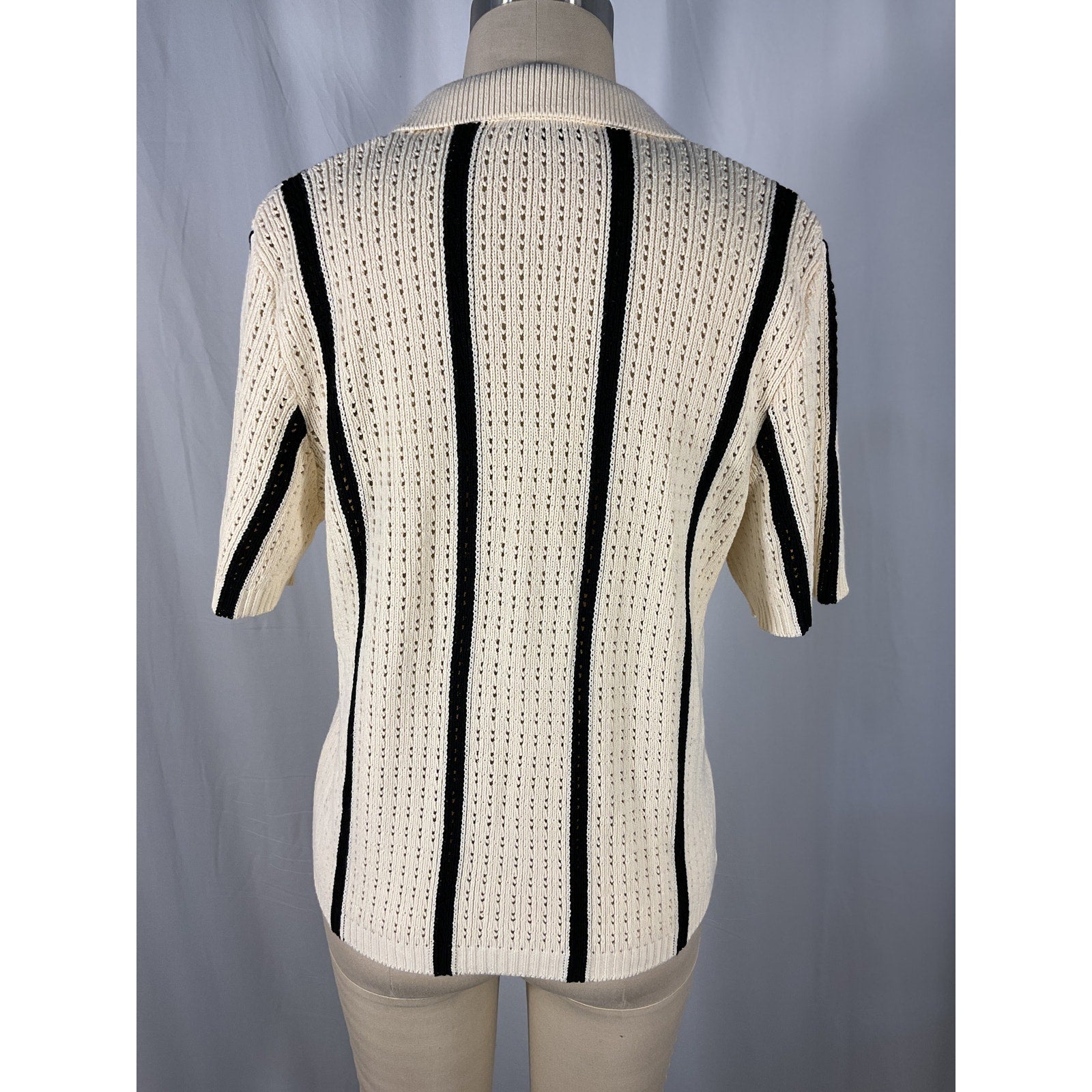 Anine Bing 'Alexis' White Striped Pointelle-Knit Cotton-Blend Top Size L