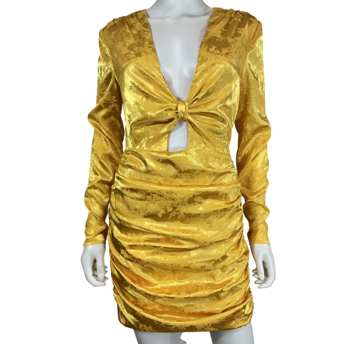 Camila Coelho Chic Yellow Knot Front Ruched Long Sleeve Mini Dress Size S