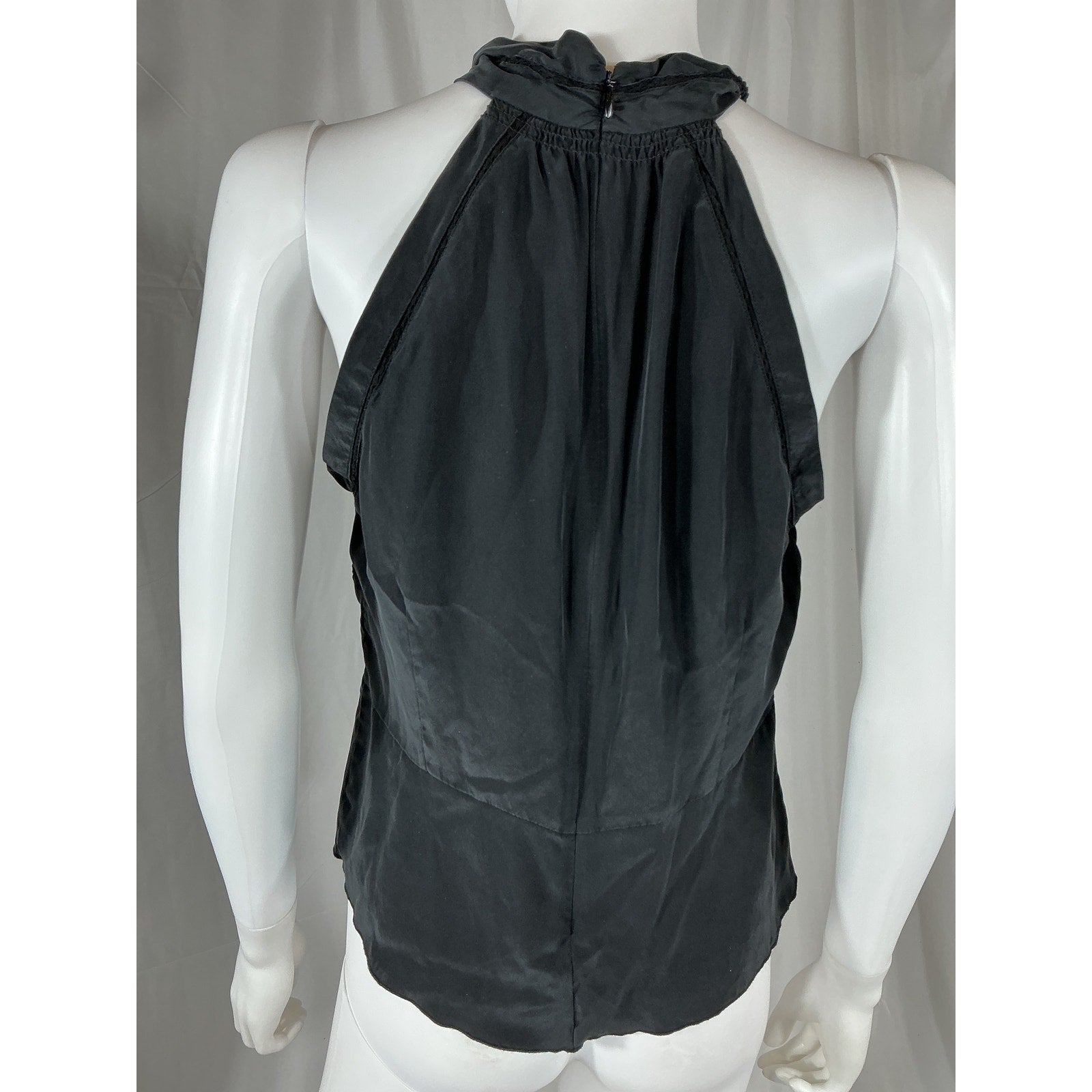 Frame Lace-Trimmed Black Silk Twist-Front Silk-Satin Halterneck Top Size L