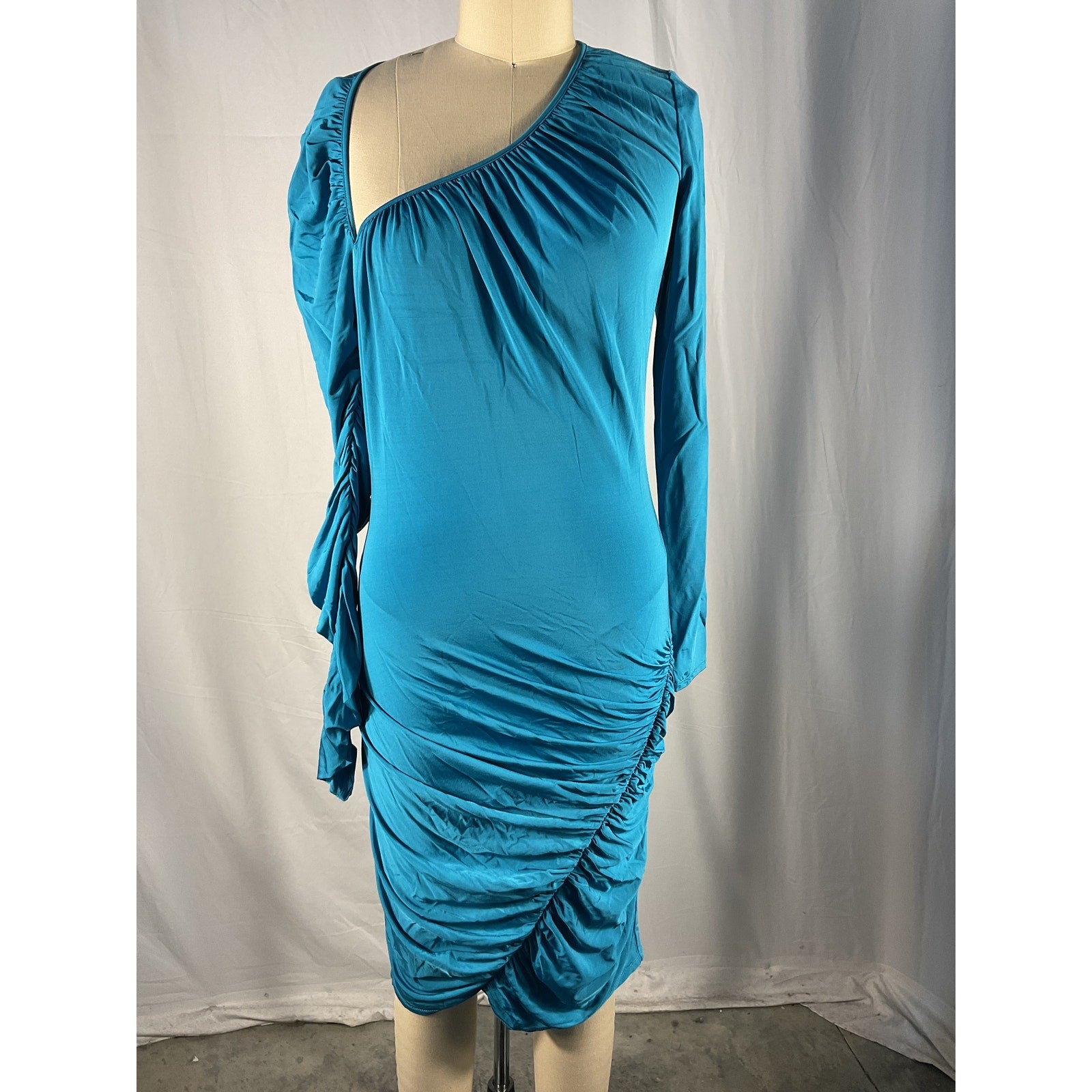 Ronny Kobo 'Trista' Blue Viscose Ruched Asymmetric Long Sleeve Mini Dress Size S