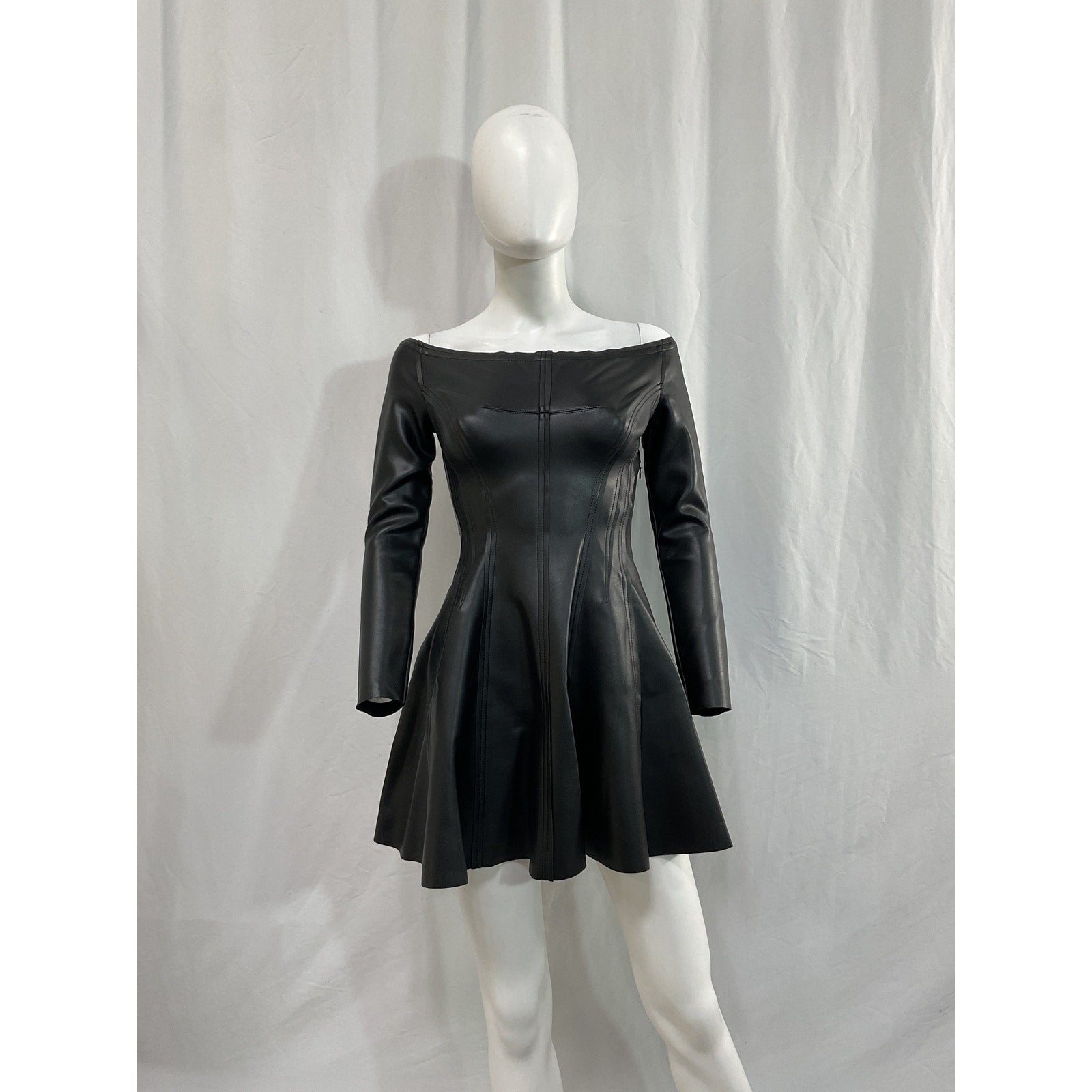 Norma Kamali x Revolve Black Faux Leather Off Shoulder 'Grace' Mini Dress Size M