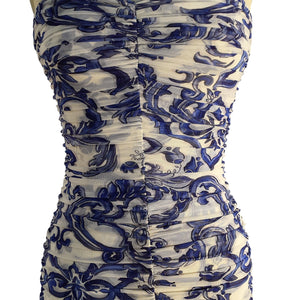 L'agence Ruched White & Blue Caprice Dress Size 2
