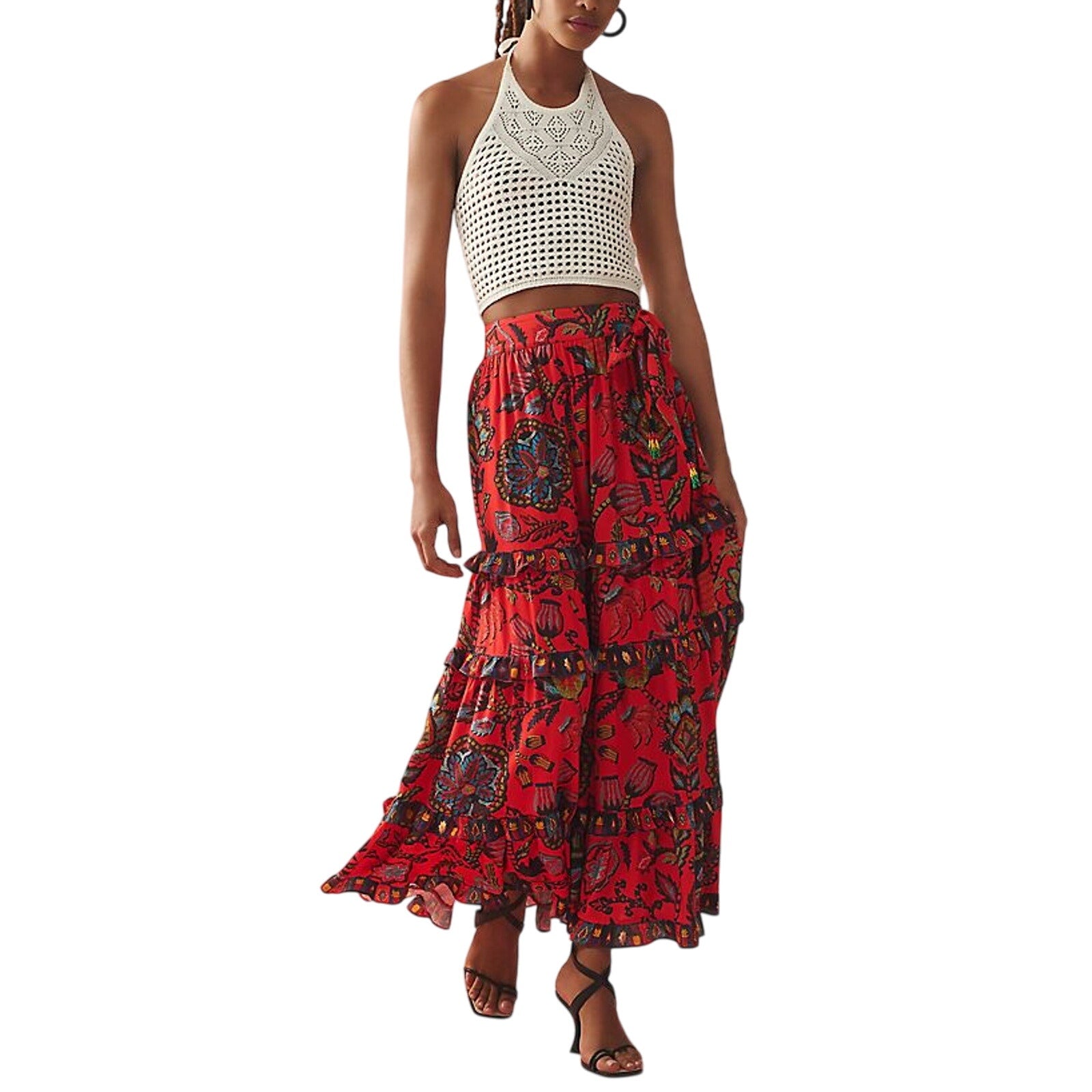Farm Rio 'Tiered' Red Viscose Wrap Maxi Skirt Size XS