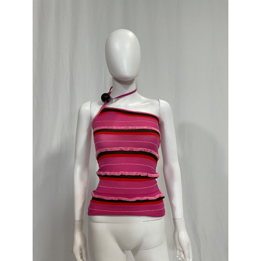 Jacquemus 'Concha' Pink Embellished One-Shoulder Ruched Striped Seersucker Top Size 2