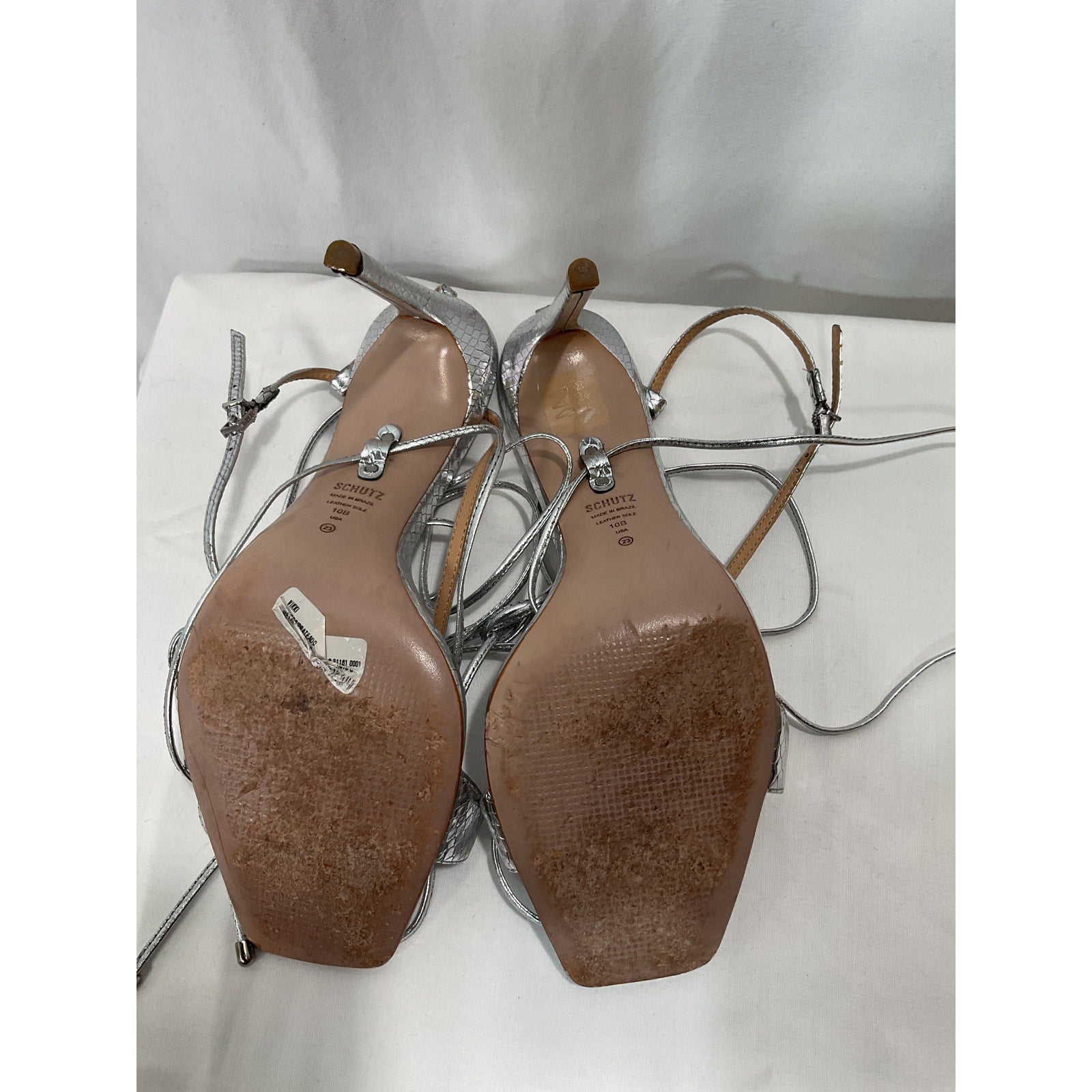 Schutz 'Vikki' Silver Leather Lace-Up Snake-Embossed Stiletto Heels Size 10