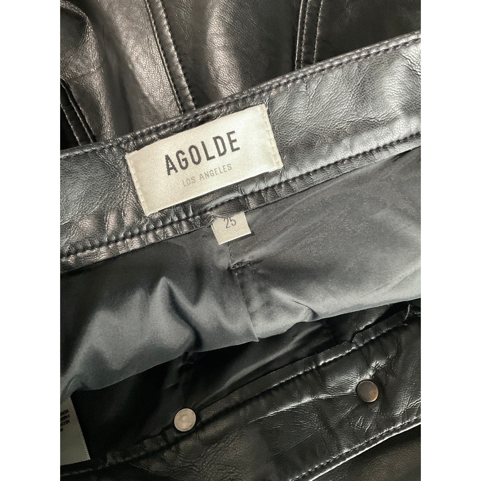 Agolde '90'S' Black Leather Pinch Waist Long Pant Size 25