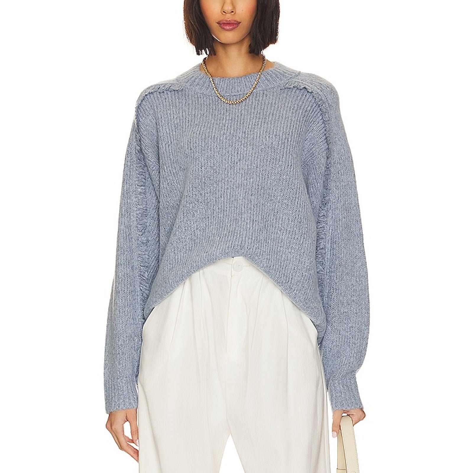 Brochu Walker 'Aimee' Blue Fringe Fuzzy Knit Crew Size S