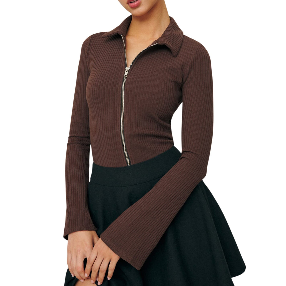 Reformation Ribbed Brown Duke Zip Cardigan Size S