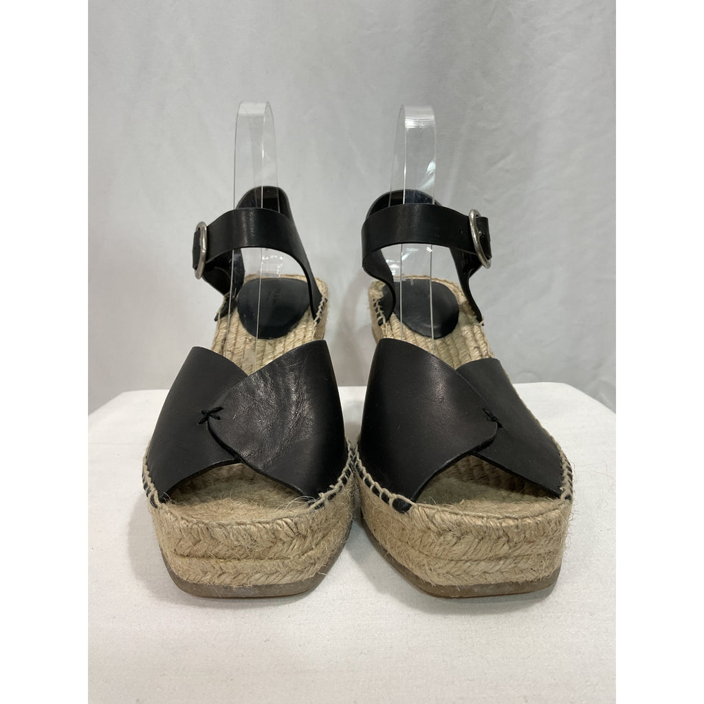 Rag & Bone 'Santiago' Black Leather Espadrille Peep Toe Platform Wedge Sandal Size 9.5