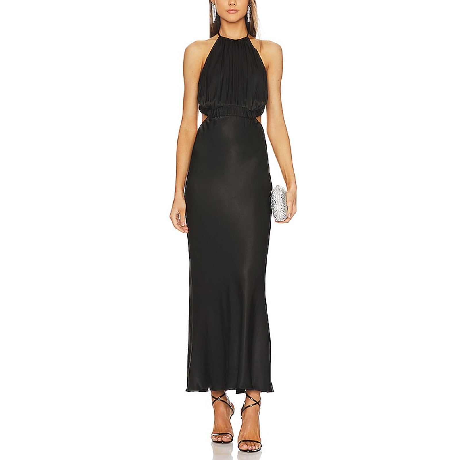 Shona Joy 'Angelica' Black Polyester Ruched Open Back Midi Dress Size 2