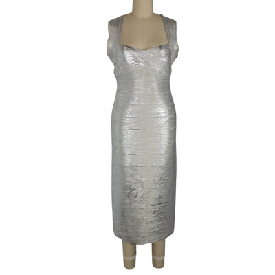 Hervé Léger Sleek Silver Halter Crossback Midi Size L Dress NWT