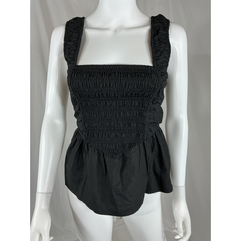 Ganni Black Cotton Poplin Smock Strap Blouse Size 36