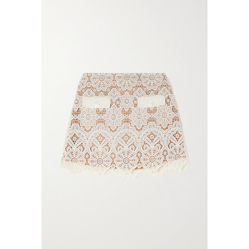 Self-Portrait Ivory Polyester Crystal-Embellished Guipure Lace Mini Skirt Size 4