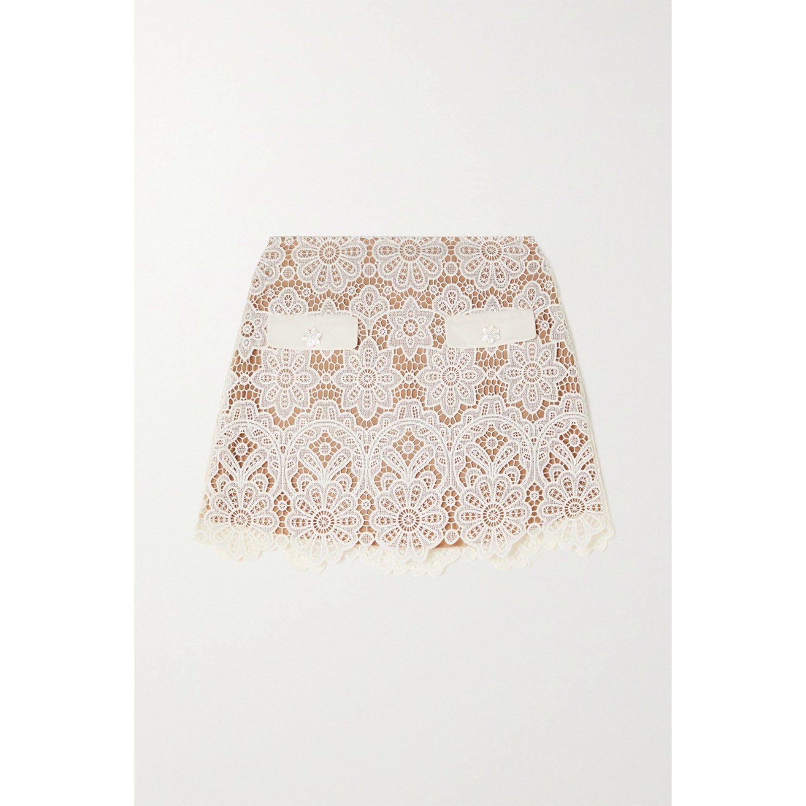 Self-Portrait Ivory Polyester Crystal-Embellished Guipure Lace Mini Skirt Size 4