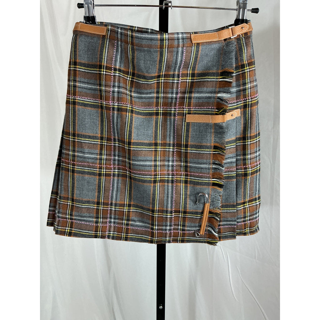Lafayette 148 Embellished Brown Wool Leather-Trimmed Pleated Checked Wool Mini Skirt Size 0
