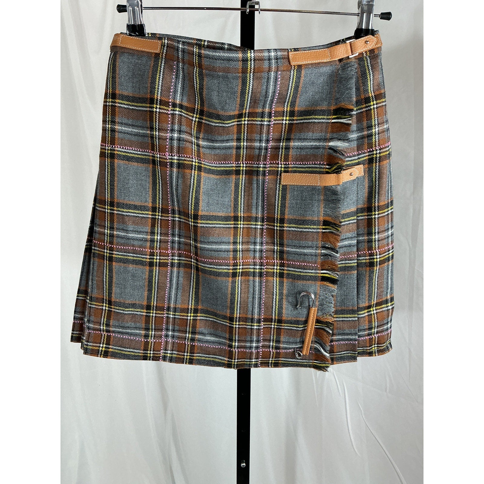 Lafayette 148 Embellished Brown Wool Leather-Trimmed Pleated Checked Wool Mini Skirt Size 0