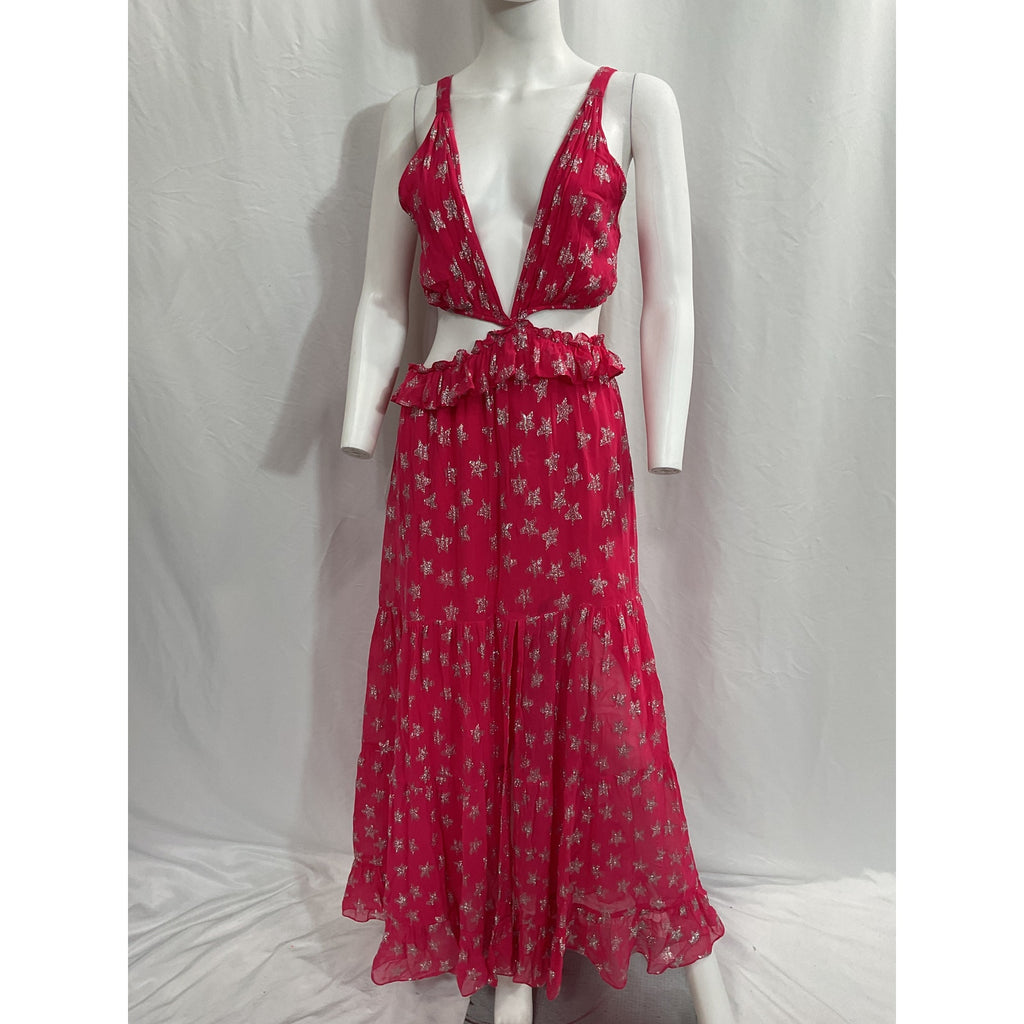 Rococo Sand 'Vega' Pink Georgette Metallic Star Maxi Dress Size M