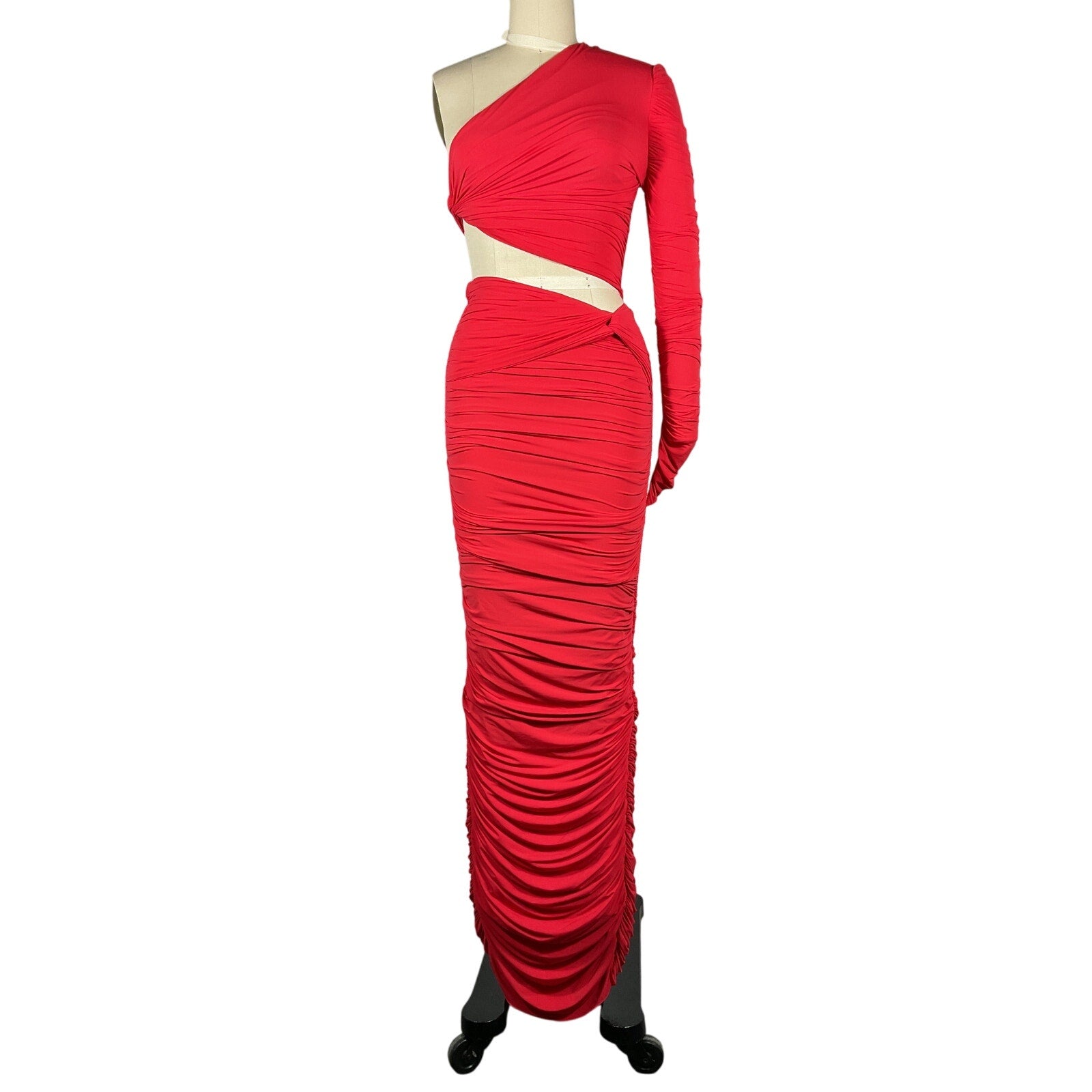 Alex Perry 'Channing' Red Nylon Ruched One Shoulder Knot Column Dress Size 8
