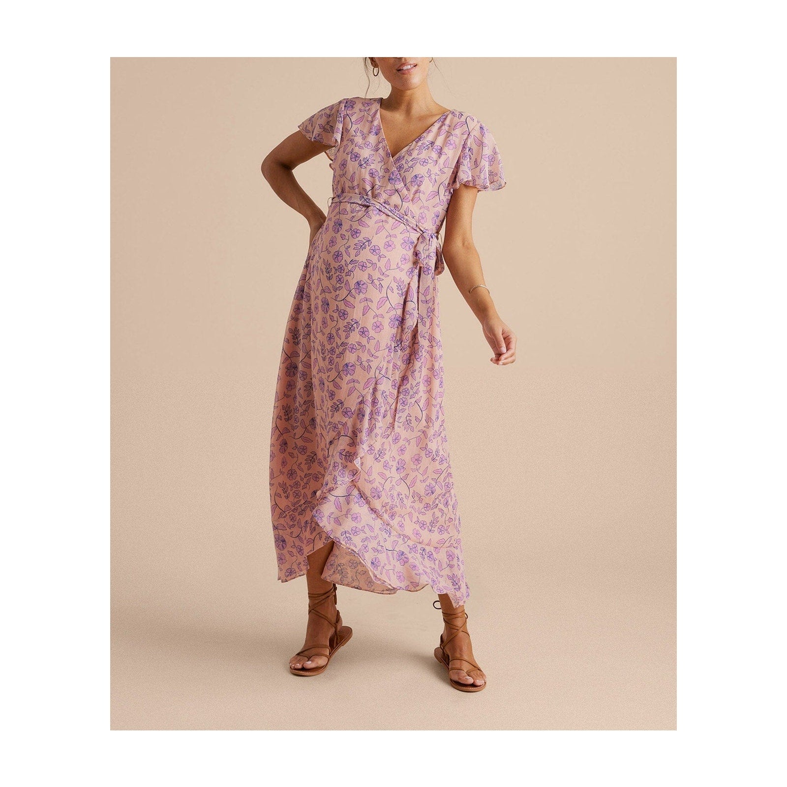 Hatch x  'A Pea In The Pod' Pink Flutter Sleeve Faux Wrap Dress Size S