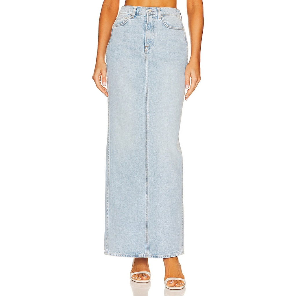 Grlfrnd 'Amara' Blue Cotton Pencil Skirt With Back Slit Size 25