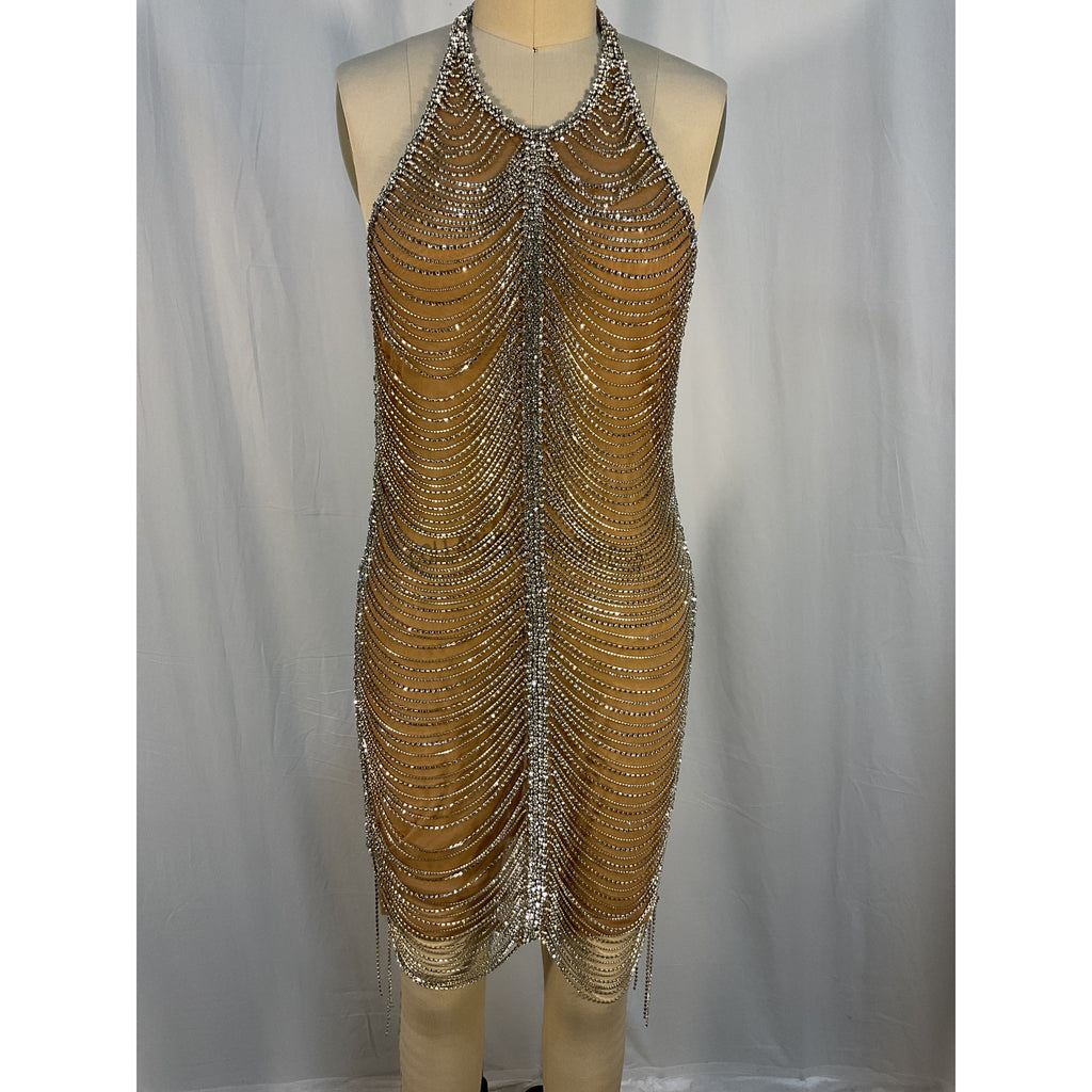 Retrofete 'Irina' Silver Rhinestone Embelished Halter Dress In Nude & Silver Size M - NWT
