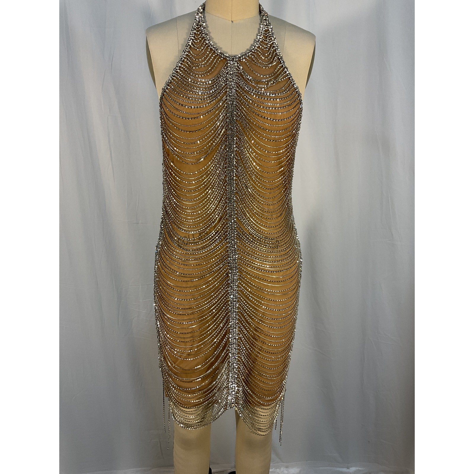 Retrofete 'Irina' Silver Rhinestone Embelished Halter Dress In Nude & Silver Size M - NWT