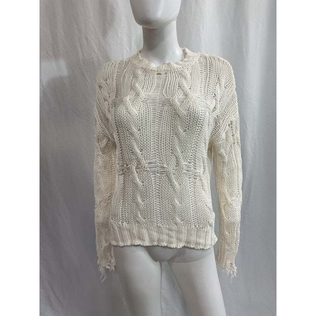 Sablyn 'Mitzy' Distressed White Open-Knit Crew Neck Long Sleeve Pullover Sweater Size S