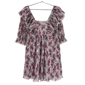 Ganni Floral Lilac Pleated Georgette Ruffle Mini Dress Size 32