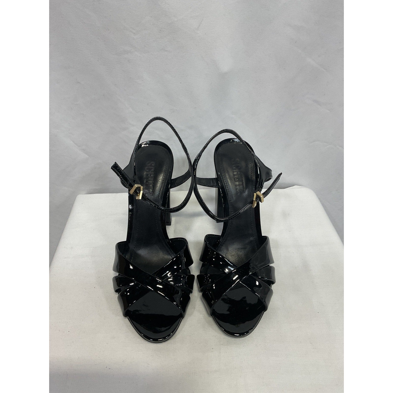 Schutz 'Keefa' Black 100mm Open Toe Patent Leather Sandals Size 7