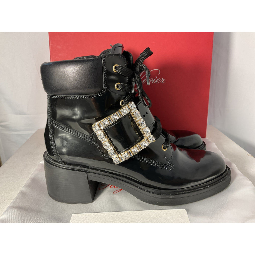 Roger Vivier Viv Black Leather Rangers Crystal Buckle Combat Boot Size 11