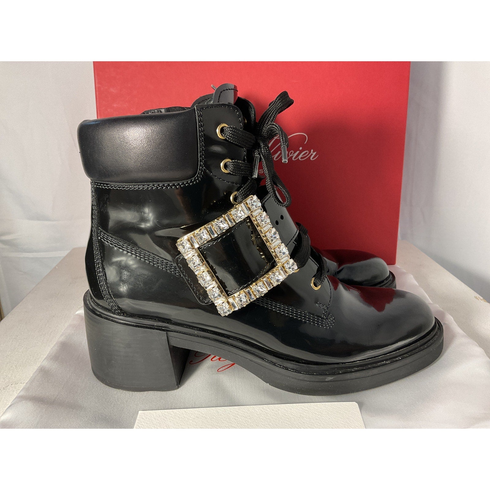 Roger Vivier Viv Black Leather Rangers Crystal Buckle Combat Boot Size 11