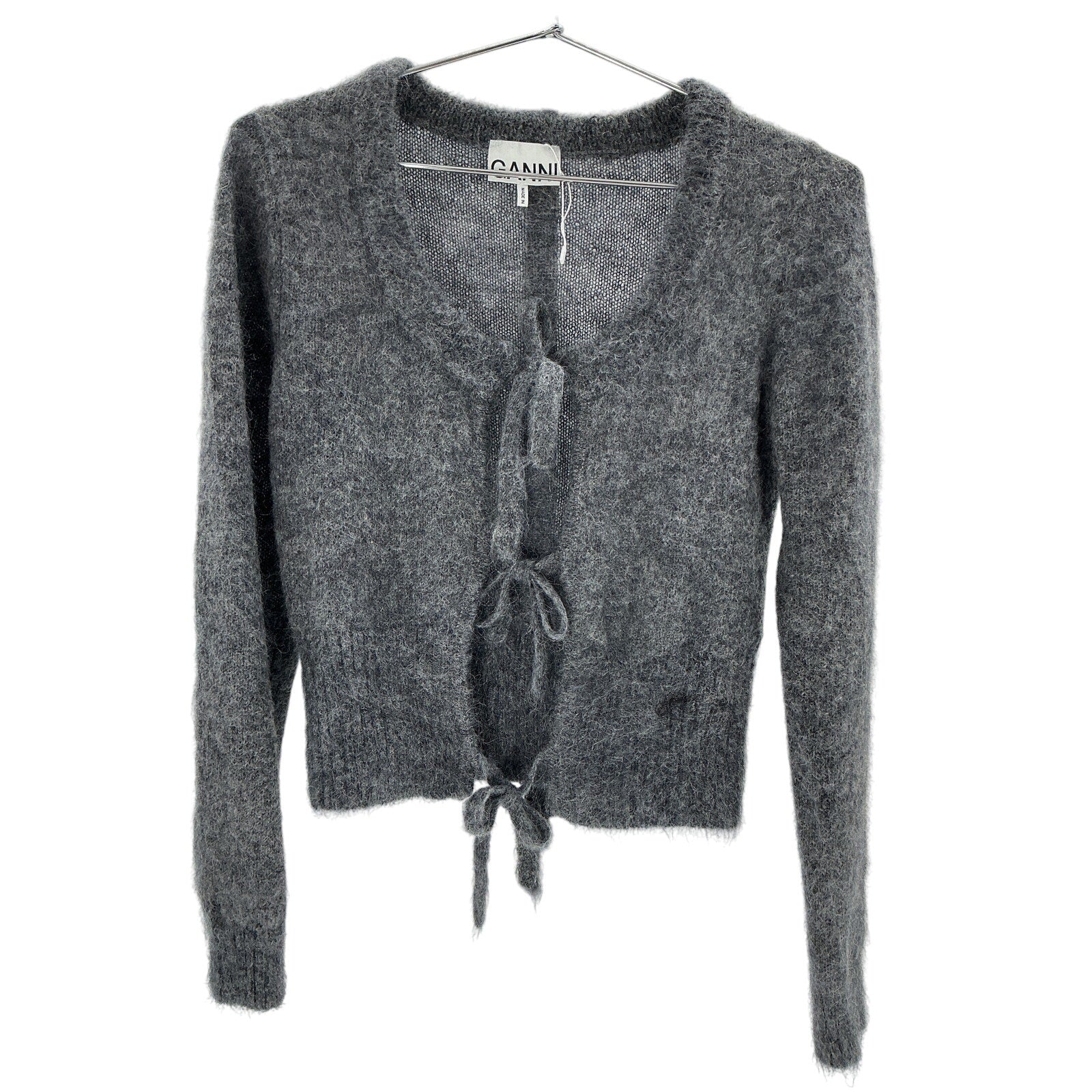 Ganni 'Tie String' Grey Mohair Cardigan Size XXS