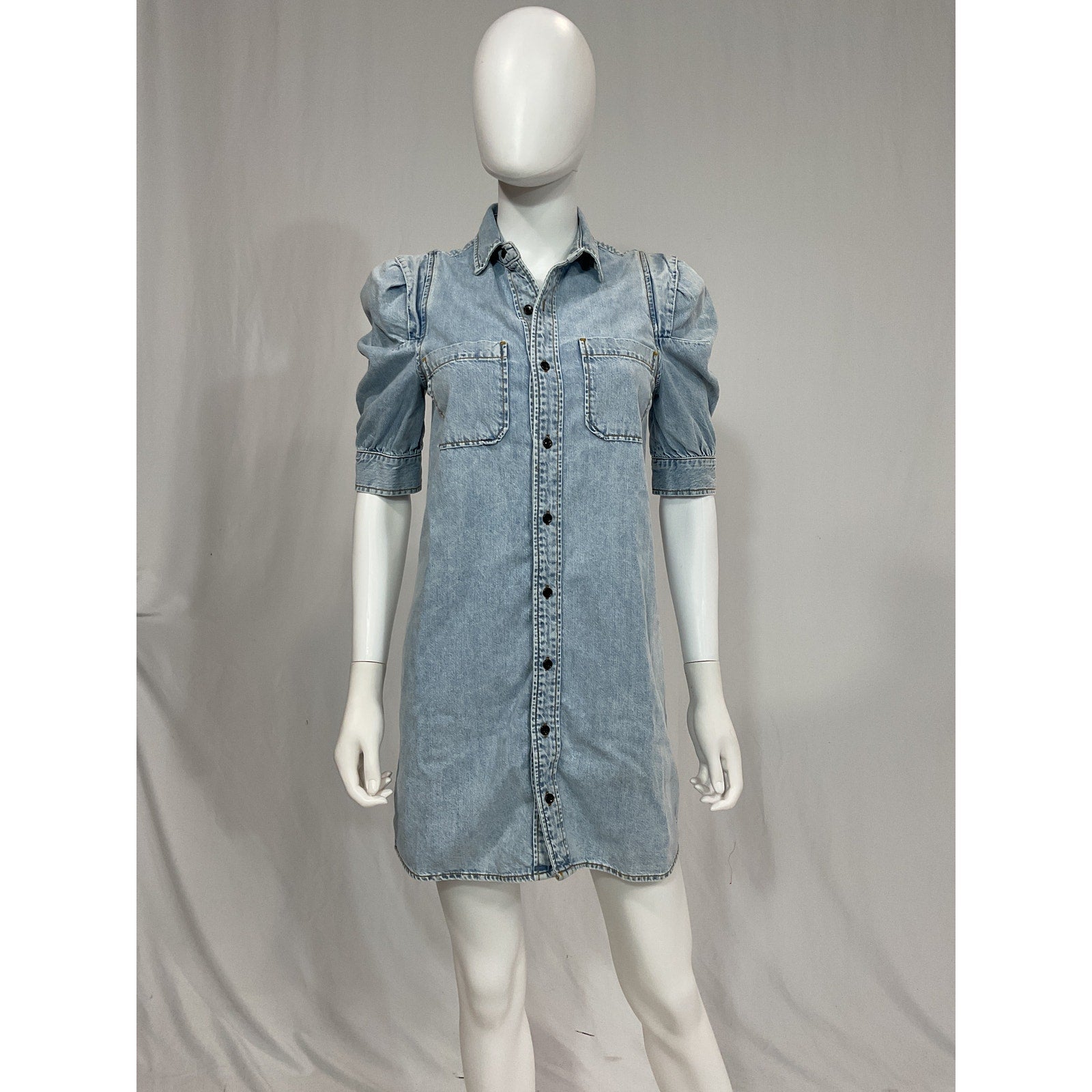 Frame 'Rosette Sleeve' Blue Denim Button Front Mini Dress Size XS