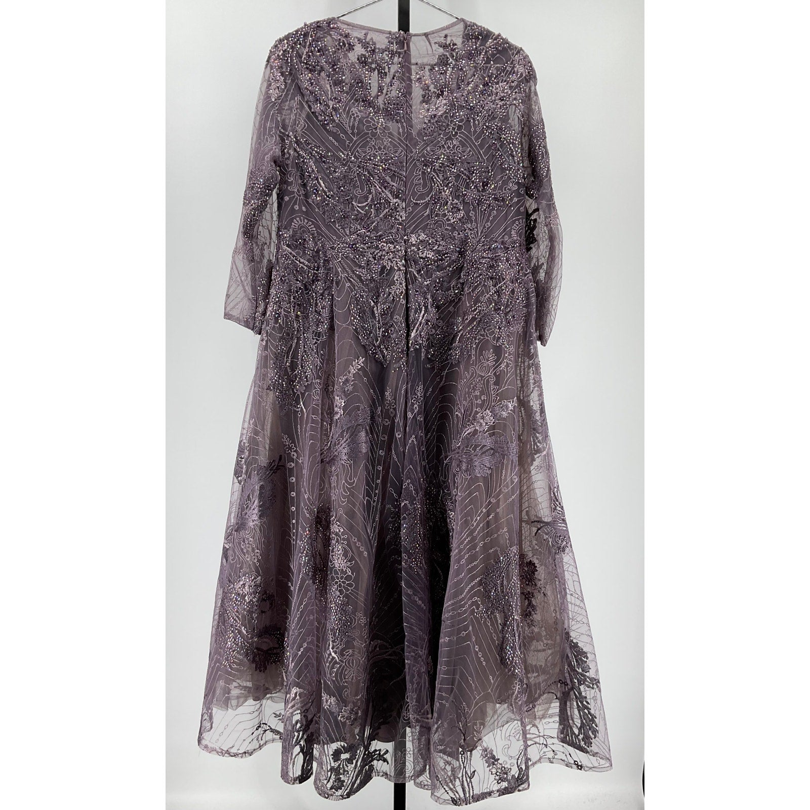 Mac Duggal Beaded Floral Grey Polyester A-Line Cocktail Dress Size 14