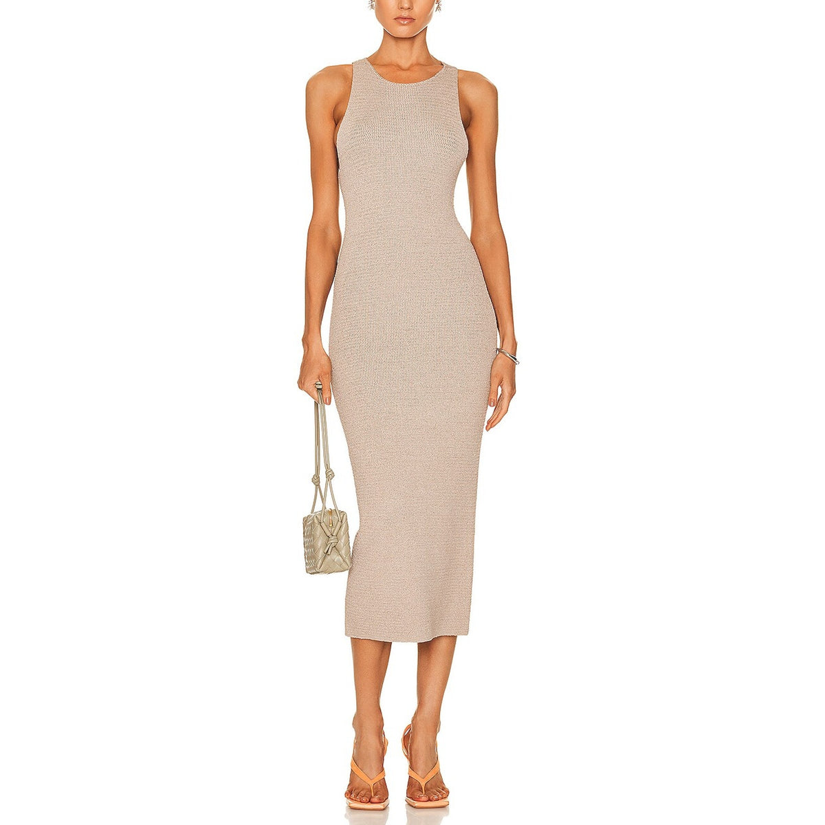 Helmut Lang Textured Tan Ribbon Midi Dress Size M