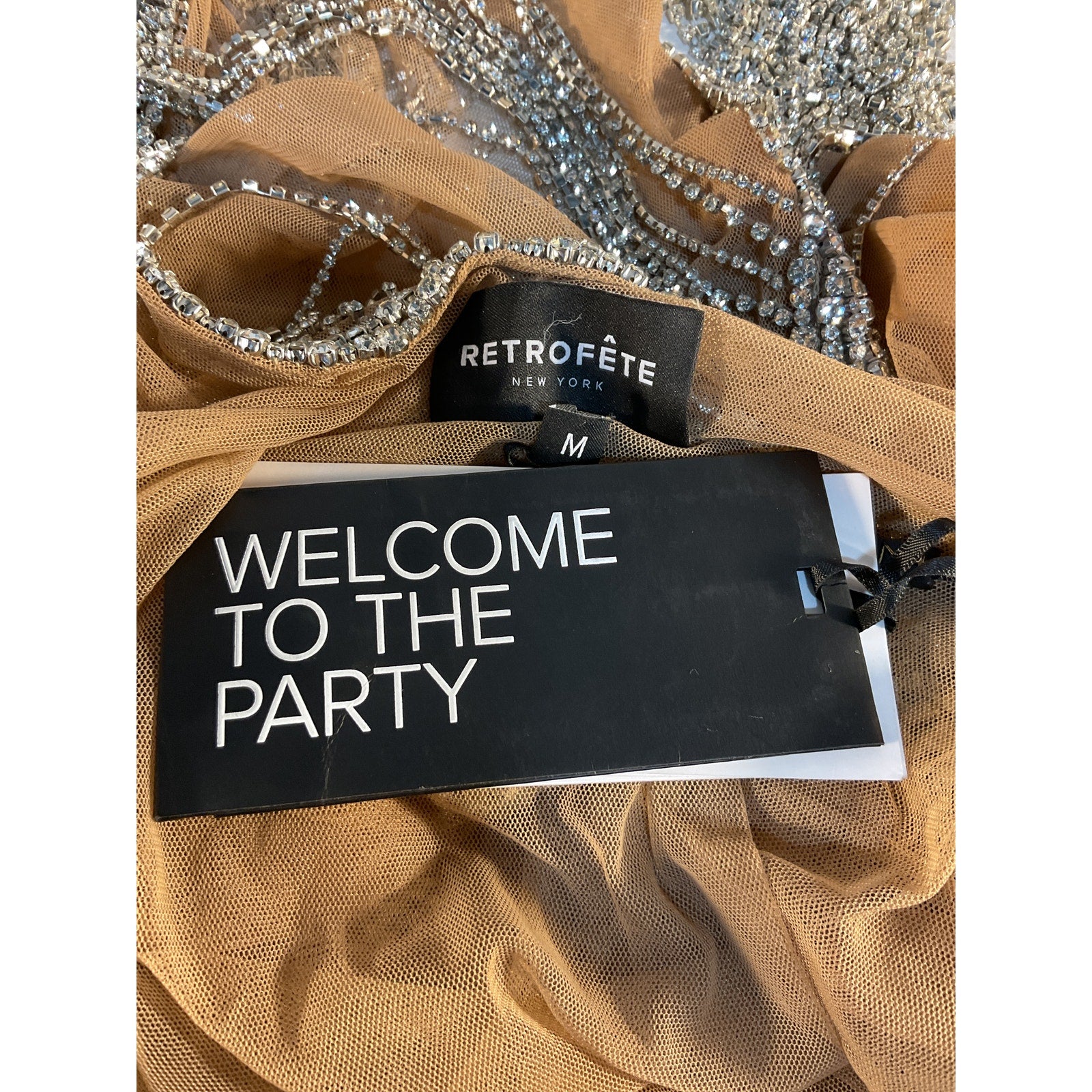 Retrofete 'Irina' Silver Rhinestone Embelished Halter Dress In Nude & Silver Size M - NWT